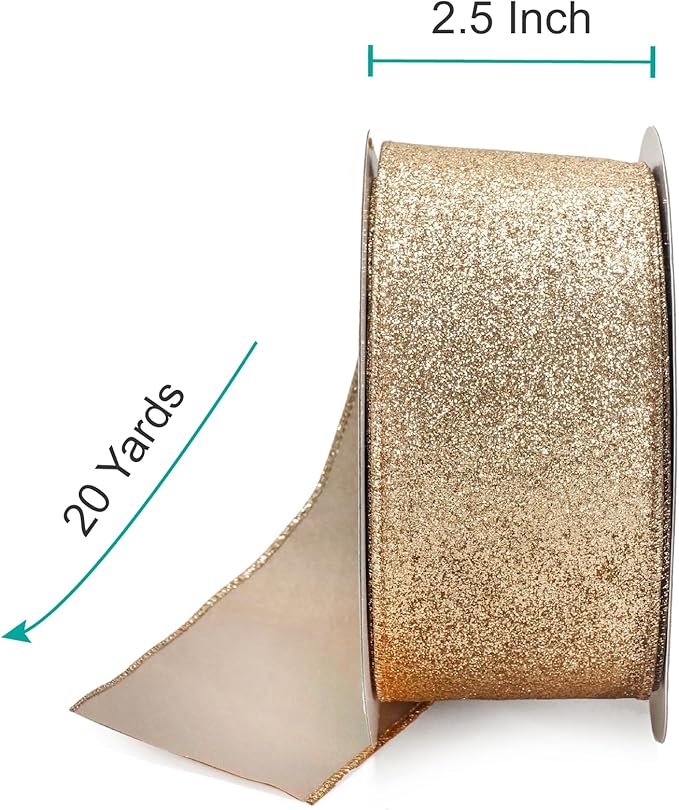 CT CRAFT LLC Glitter Wired Ribbon 2.5" x 20 Yards Gold (Champagne Gold) for Christmas Home Decor Bow Gift Wrapping DIY Crafts Wreath