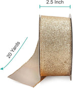 CT CRAFT LLC Glitter Wired Ribbon 2.5" x 20 Yards Gold (Champagne Gold) for Christmas Home Decor Bow Gift Wrapping DIY Crafts Wreath