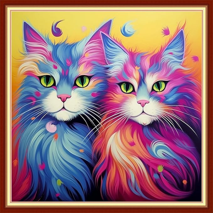 Foxdiviy Stamped Cross Stitch Kits Full Range of Embroidery Needlework Starter Kits for Beginners Adults 11CT Embroidery Patterns Art Crafts DIY Needlepoint Kits-Colorful Cat 18x18 inch, ColourKits28