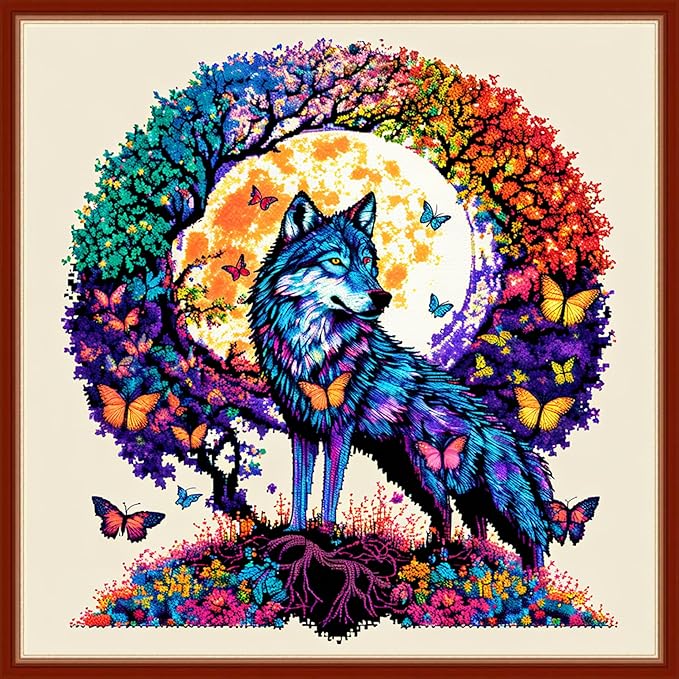Dimensean Stamped Cross Stitch Kits Full Range of Embroidery Patterns Starter Kits for Beginners Adult or Kids DIY Cross Stitches Needlepoint Kits 11CT-Wolf Wreath 17.7x17.7 inch