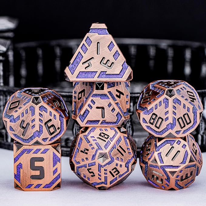 Metal DND Sci-fi Dice Set 7PCS Stripe Polyhedral Dice for Dungeons Dragons RPG Role Playing Game, Glitter D and D Dice with Gift Box D6 D8 D10 D12 D20 (Ancient Bronze&Purple)