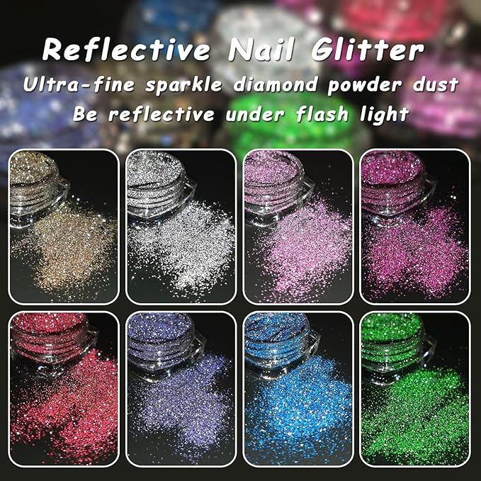 Reflective Glitter Powder Set, 8 Colors Holographic Sparkle Glitter Dust, Flash Diamond Silver Pink Red Purple Blue Shiny Sugar Dipping Pigment DIY Manicure Nail Art Decoration Crafts