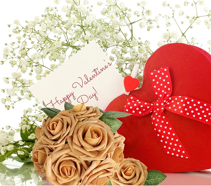 AmyHomie Artificial Flower Gold Rose 25pcs Real Looking Fake Roses w/Stem for DIY Wedding Bouquets Centerpieces Arrangements Party Baby Shower Home Decorations