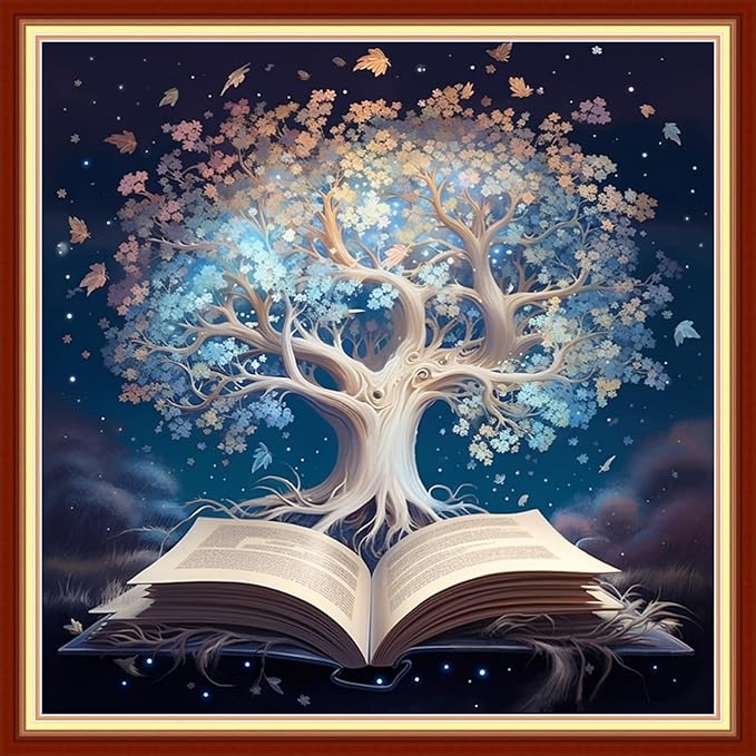 Disxvivy Cross Stitch Stamped Full Embroidery Kits DIY 11CT Cotton Thread Printed DIY Needlepoint Kits Craft Needlework Set Cross-Stitch Stamped Sets-White Tree Book 18x18 inch