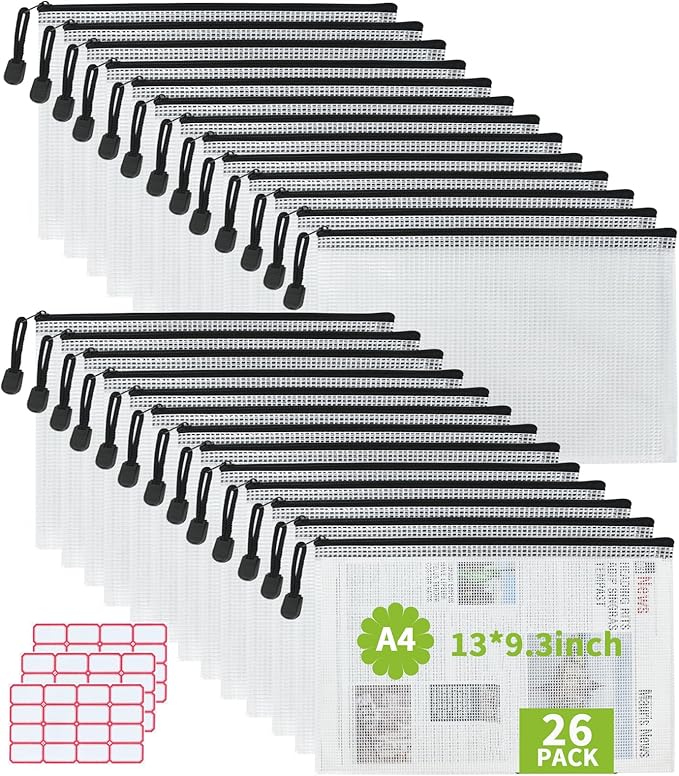 Vuzvuv 26pcs A4 Size 13"x 9.3" Mesh Zipper Pouch Zipper Bags,Document File Folders with Label Sticker,Waterproof Plastic Mesh Bag for File, Makeup, Board Game School Office Home Travel Storage