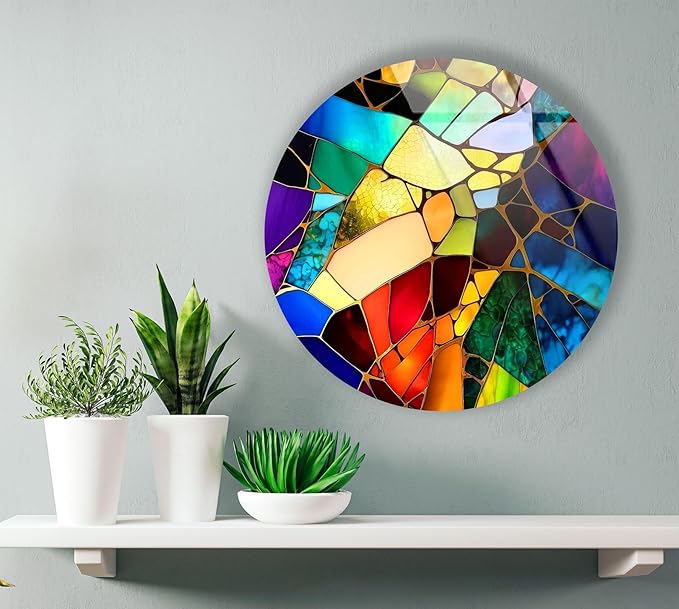 My Photostation.com 20''(50cm) Diameter Multicolor Round Stained Glass Wall Art Vibrant Mosaic Abstract Panel Tempered Glass Printing Wall Decor Large Wall Art Wall Hangings