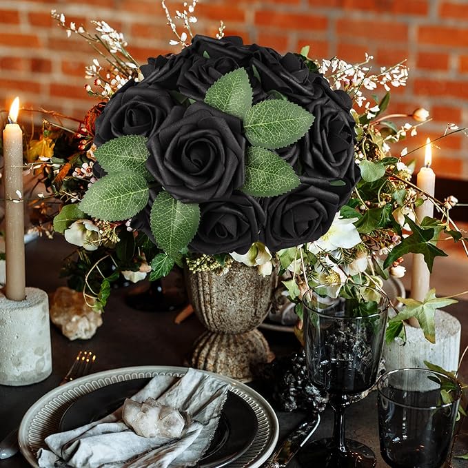 AmyHomie Artificial Flowers Black Rose 25pcs Real Looking Fake Roses w/Stem for DIY Wedding Bouquets Centerpieces Arrangements Party Baby Shower Home Decorations