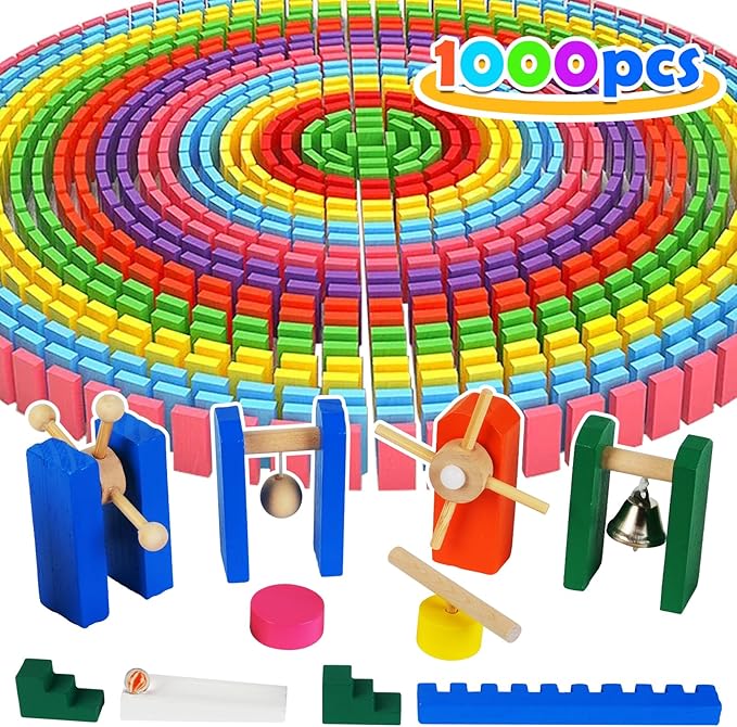 1000 Piece Dominoes Set for Kids with Extra 20 Blocks, Colorful Dominos Tiles for Building, Stacking, Racing, Tumbling, Wood Domino with Storage Bag and Box