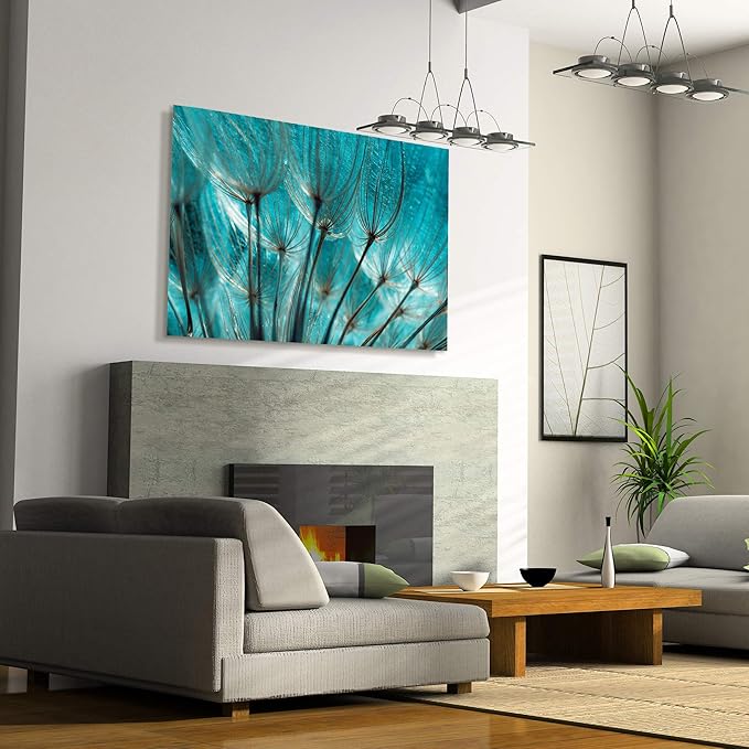 Empire Art Direct Frameless Free Floating Tempered Glass Panel Graphic Wall Art Ready to Hang, 32" x 48", Turquoise Dandelion