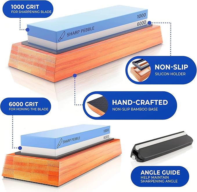 Sharp Pebble Premium Whetstone Knife Sharpening Stone 2 Side Grit 1000/6000 Waterstone- Whetstone Knife Sharpener- NonSlip Bamboo Base & Angle Guide