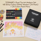 TOSAHRE 72 Colors Dual Tip Glitter Markers & Acrylic Marker Set Paint Pens 24 Pack+ Glitter Brush Marker 24 Pack (48 Colors) for Coloring Rock Wood Painting Scrapbooking Card Making & DIY (48 Pack)