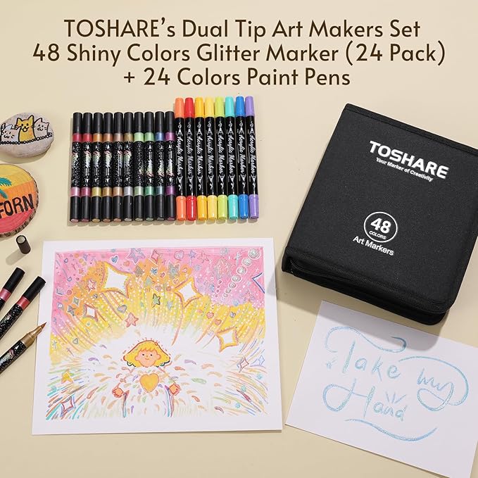 TOSAHRE 72 Colors Dual Tip Glitter Markers & Acrylic Marker Set Paint Pens 24 Pack+ Glitter Brush Marker 24 Pack (48 Colors) for Coloring Rock Wood Painting Scrapbooking Card Making & DIY (48 Pack)