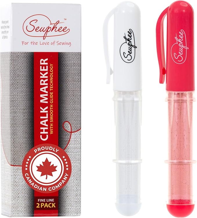 Fabric Markers for Sewing – Ergonomic Tailors Chalk Pen with Improved Dosing Wheel for Sharp Lines - Washable Sewing Chalk Marking Pens that are Compatible with Most Fabrics - White and Pink 2 Pack