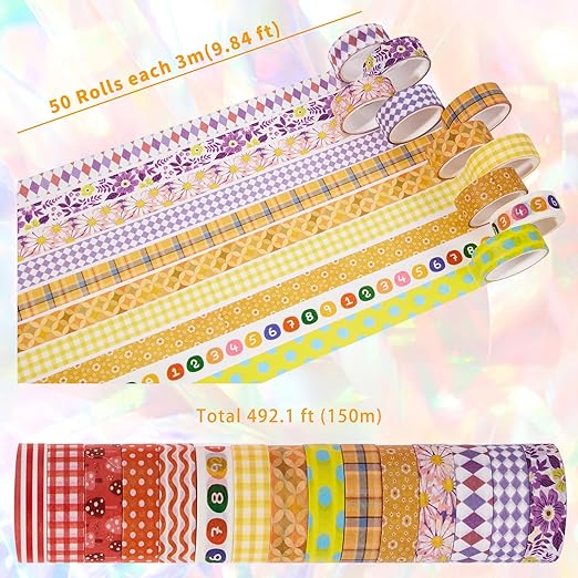 emmoolife 50 Rolls Washi Tape Set, 15mm Wide Rainbow Colored Tape Aesthetic Design Masking Decorative Tape for Scrapbooking Supplies, Bullet Journaling, Junk Journal, Wrapping Planners, DIY Arts Craft