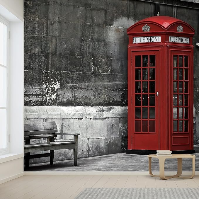 wall26 British Phone Booth in London, United Kingdom Removable Wall Mural | Self-Adhesive Large Wallpaper - 120x192 inches