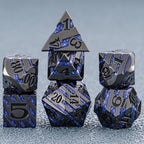 Anitque Metal Dice D&D,Metal Glitter Stripe Dice 7pcs Set with Gift Case,Polyhedral Dice for Role Playing Game (Black Nickel Dark Purple)