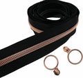Leekayer #5 Rose Gold Metallic Teeth Nylon Coil Zippers by The Yard Bulk 10 Yards Black Zipper Tape with 25pcs Rose Gold Ring Pull Sliders for DIY Sewing Tailor Craft Bag(Black)