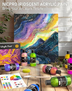 Nicpro 20 Colors Iridescent Acrylic Paint, 8.45oz / 250ml Large Bulk Metallic Acrylic Paint,Color Shifting & Non-Toxic Art Painting Supplies For Canvas Fabric Rock Wood with Paint Knife Color Wheel