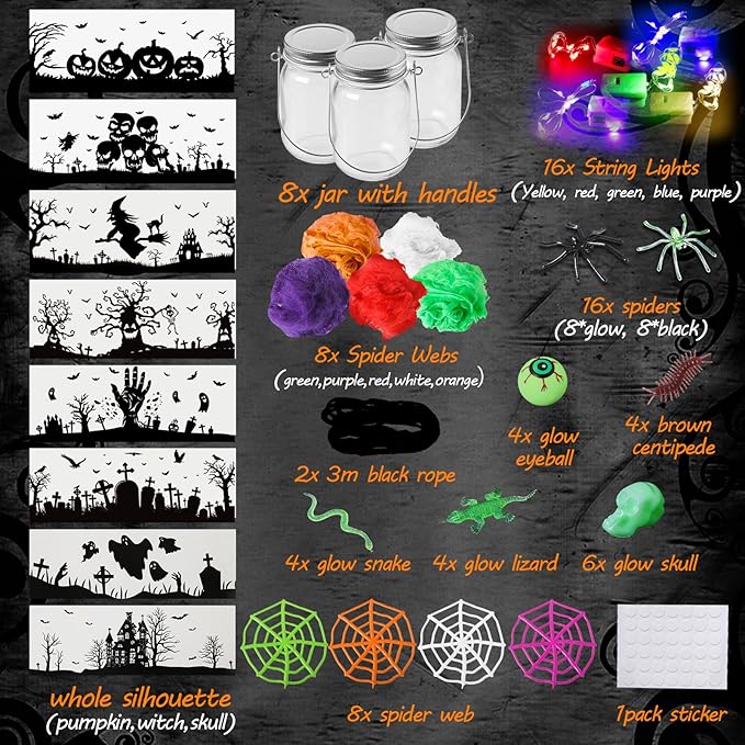 Halloween Crafts Activities For Kids Ages 4-12,8 Pack Glass Mason Jar for School Halloween Art Activities,Halloweens Craft Supplies,DIY Lantern Jar for Gifts Halloween Party Favors,Classroom Prizes
