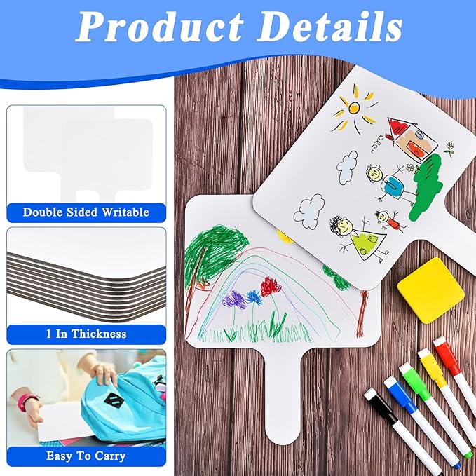 24 Pcs Dry Erase Answer Paddle, 10 x 8 Inch Auction Paddles with Markers and Erasers, Handheld White Board with Handle for Teaching Meeting Bidding Voting Games (Double Sided)