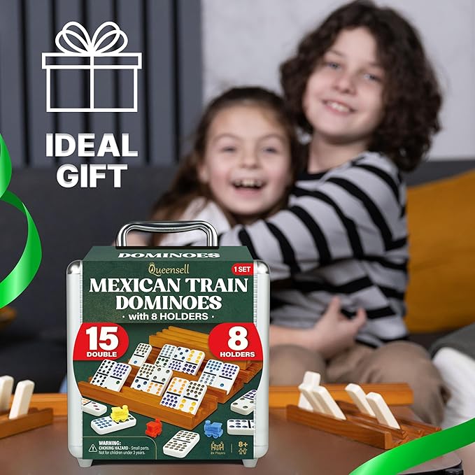 Queensell Mexican Train Dominoes Set Double 15 with 8 Holders - Wooden Hub and Tiles Holders - Double 15 with Dots (D15 + 8 Holders)