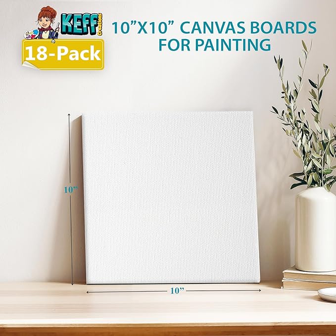 KEFF Canvas Boards for Painting - 10x10 18-Pack Bulk Canvas Panels, 100% Cotton Triple Primed Large Canvases for Art Painting Supplies, Acrylic, Oil, Watercolor & Tempera