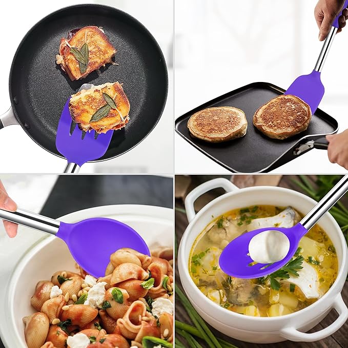Silicone Spatula Spoon Set, 4 PCS Silicone Cooking Utensils Spatula Spoon Set with Stainless Steel Handle, BPA Free Kitchen Turners for Frying, Mixing, Serving, Draining, Turning, Stirring, Purple