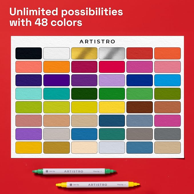 ARTISTRO Vibrant Acrylic Paint Markers for Rock, Fabric, Glass, Wood, Paper, Ceramic, Canvas & More - 48 Dual-Tip Paint Pens (Dot & Fine) - Quick Dry, Teacher Classrooms Must Have, Drawing Markers