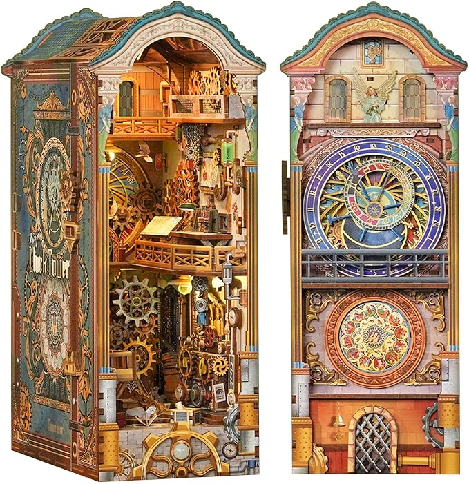 Tonecheer DIY Book Nook Kit for Adults, 3D Wooden Puzzle Bookend Miniature House Kit, Booknook Bookshelf Insert Decor with Dust Cover and LED Lights Gifts (Clock Tower)