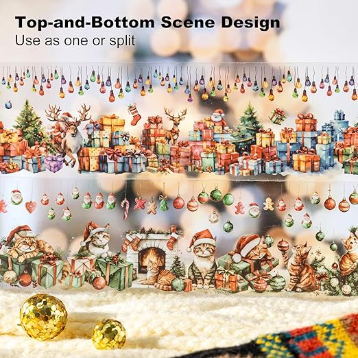 Christmas PET Tape Set - Seamless Loop Design with Snowy Villages, Festive Cats and Holiday Scenes, Includes Decorative Clip, Self-Adhesive Rolls for Scrapbook, Journal and DIY Decor