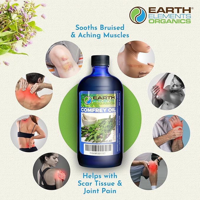 Comfrey Oil Raw with Sunflower Oil, Infused, Pressed Herbal Remedy, Support for Bruises, Sore Muscles, and Healthy Skin, Organic Skincare for All Skin Types - 4 fl oz