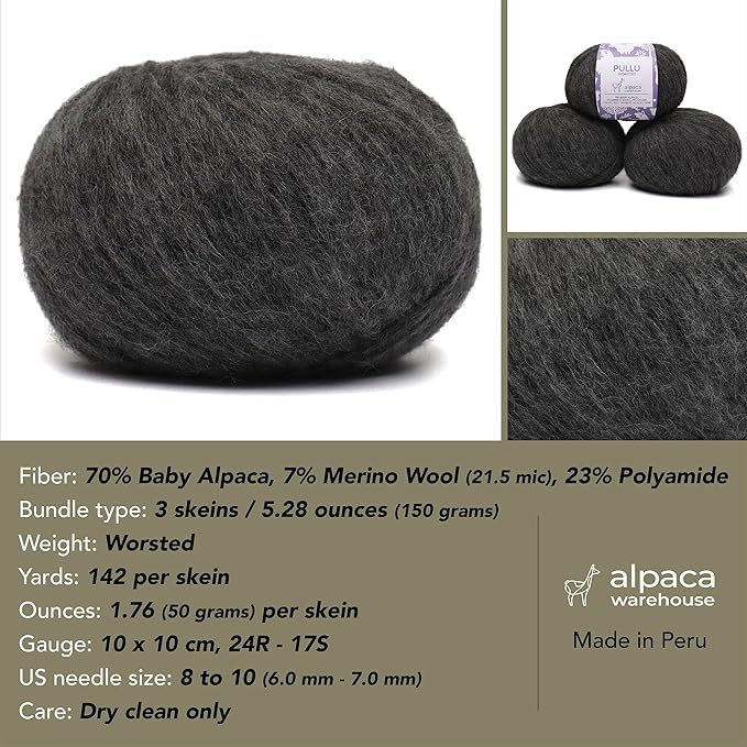 Pullu - Baby Alpaca Merino Wool Yarn Set of 3 Skeins (150 Grams) Worsted Weight - Sourced Directly from Peru - Heavenly Soft and Perfect for Knitting and Crocheting (Gray)
