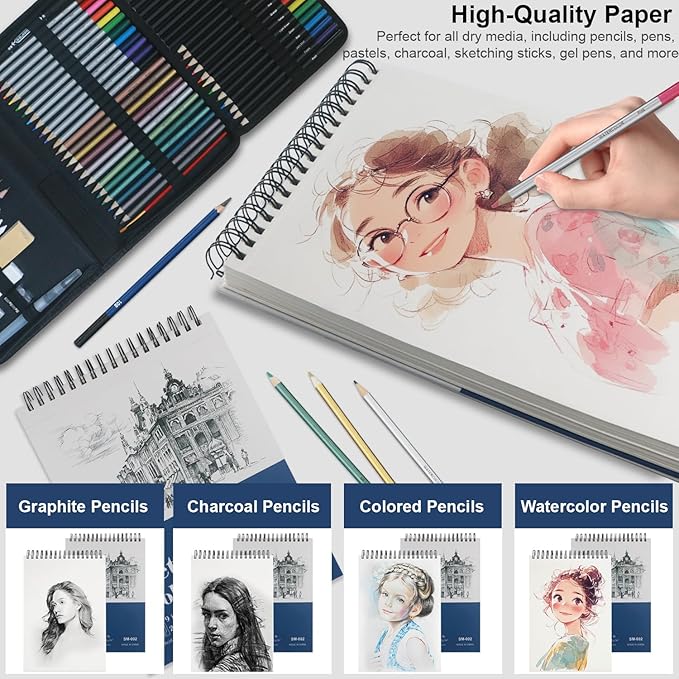 9" x 12" Sketch Book Set, Drawing Paper Pad (68lb/100gsm), 2-Pack Top Spiral Bound Sketch Pad, Double-Sided Hardcover Sketchbook, Art Notebooks Drawing for Kids, Beginners and Artists,100 Sheets Each.