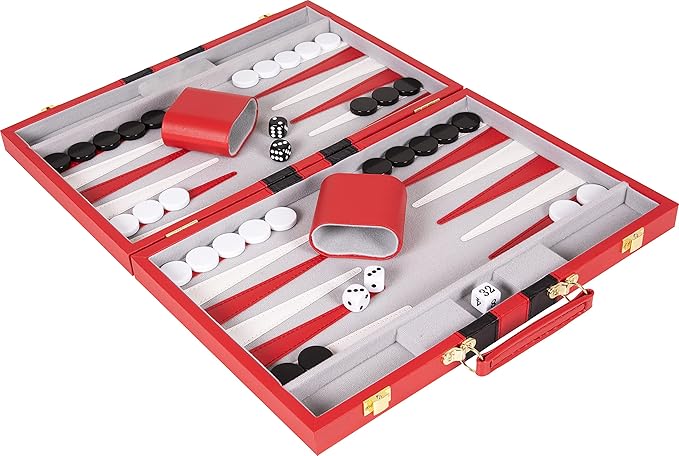 Backgammon Set 18 inch, Large - Classic Board Game for Adults and Kids with Premium Leather Case - Includes Strategy & Tip Guide (Red)