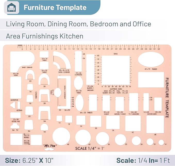 Mr. Pen- House Plan, Interior Design and Furniture Templates, Drafting Tools and Ruler Shapes for Architecture - Set of 3