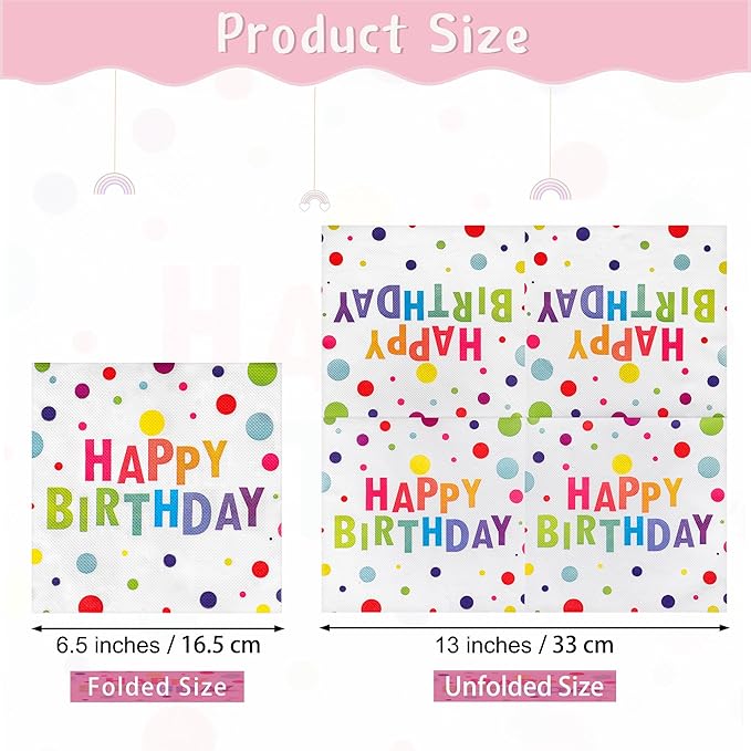 Aodaer 48 Pieces Happy Birthday Paper Napkins Disposable Rainbow Napkins Colorful Cocktail Dinner Napkin Set 13" x 13" Unfolded Tableware Napkin for Rainbow Party Supplies Birthday Party Decoration