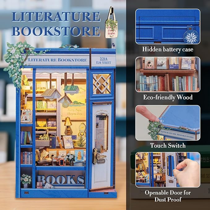 Fsolis Book Nook Kit - DIY Miniature Dollhouse Kit 3D Puzzles for Adult Tiny House Mini Booknook Craft Bookshelf Decor, 186 Wooden Pieces, Gifts for Women Teenagers Book Lovers (Literature Bookstore)