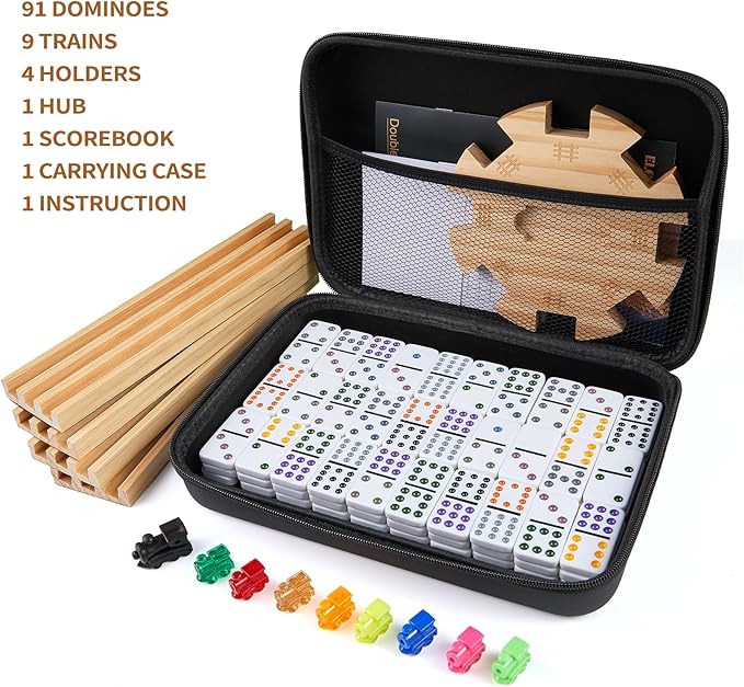 Mexican Train Double 12 Dominoes Set with 4 Wooden Trays/Racks in Portable Carrying Case Colorful 91 Tiles & 9 Trains Board Game for Family Game Night
