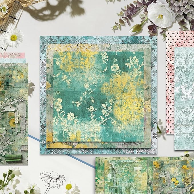 Scrapbook Paper 12x12 inch, 24 Sheets DIY Origami Decorative Craft, Double sided printing, Photo Album Decor Wooden-free Paper for Gift Wrapping Card Making Collage Album Decorative (Green)