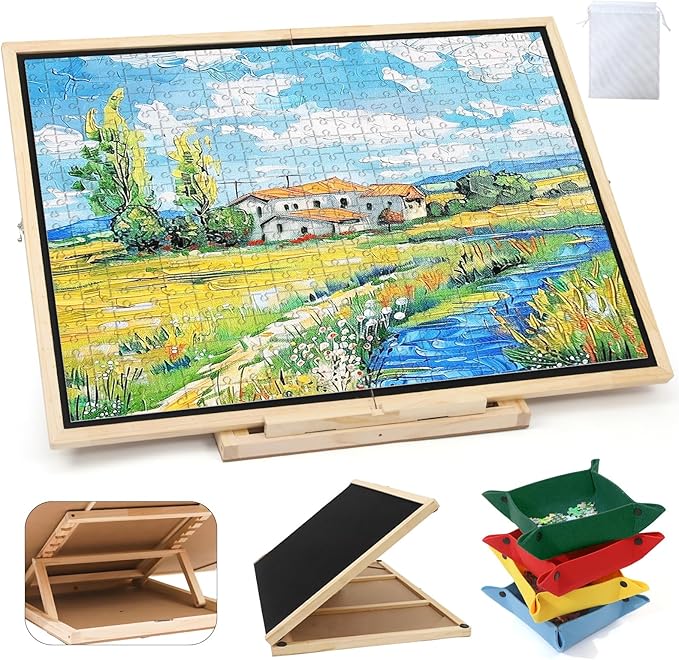 Foldable Puzzle Board, 2-in-1 Tilting & Rotating Wooden Jigsaw Puzzle Table 1500 Pieces with 4 Non-woven Drawers, 36"×26" Portable Puzzle Board with Upgraded Lazy Susan for Adults & Kids, Gift for Mum