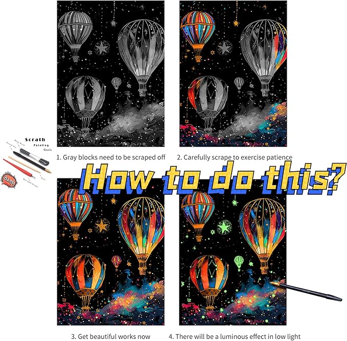 Scratch Paper Art for Adults-Glow in The Dark Scratch Painting Craft Kit (8 Sheets A4)|DIY Foil Engraving Art Set|Stress Relief Gift for Travel Lovers,Craft Lovers,Home Decors (Fireworks)