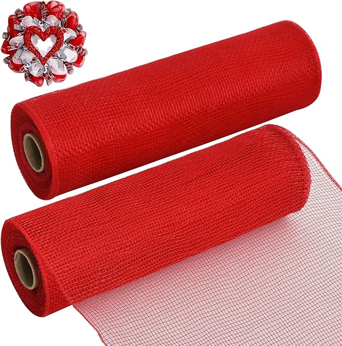 TONIFUL 2 Rolls 10 Inch Red Decorative Mesh Ribbbon Rolls, Fabric Mesh for Mesh Wreath Supplies, Front Door Wreath Crafts Tree Decor Christmas NewYears Halloween Decoration (10 yds/roll)