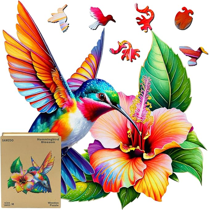 Wooden Jigsaw Puzzles for Adults and Kids, Hummingbird Blossom 200 Piece Unique Shaped Puzzle, Family Game and Creative Wooden Puzzle Gift, Wall Art Decor