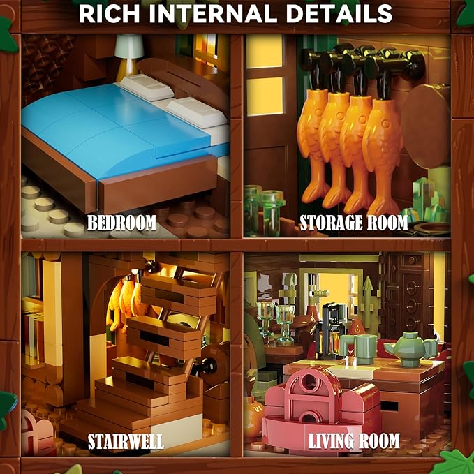 Wood Cabin Mini Building Set with Lights, Forest House Building Block Kit with Animals Stream Waterwheel, 2570 PCS Treehouse Construction Model Toy Collection for Adults Teens Boys Girls 12+