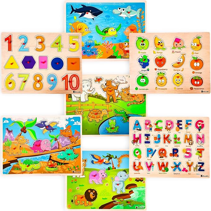 7 Pack Wooden Puzzles for Toddlers 2 3 4 5 Years Old - 7 Colorful Chunky Wood Peg Puzzles for Kids Ages 2-5, Alphabet Shape Numbers Fruits Sea Animals Dinosaur Zoo - Educational Toddler Learning Toys