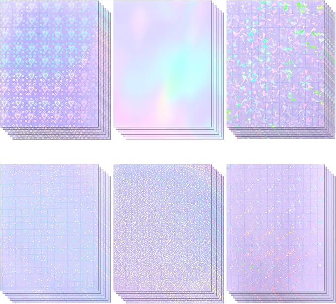 36 Sheets Holographic Sticker Paper, Clear Vinyl Lamination Sticker Film Self Adhesive, Transparent Overlay Laminate Sticker Paper Waterproof-Gem/Dots/Sand Star/Rainbow/Star/Heart, 8.5x11 Inch