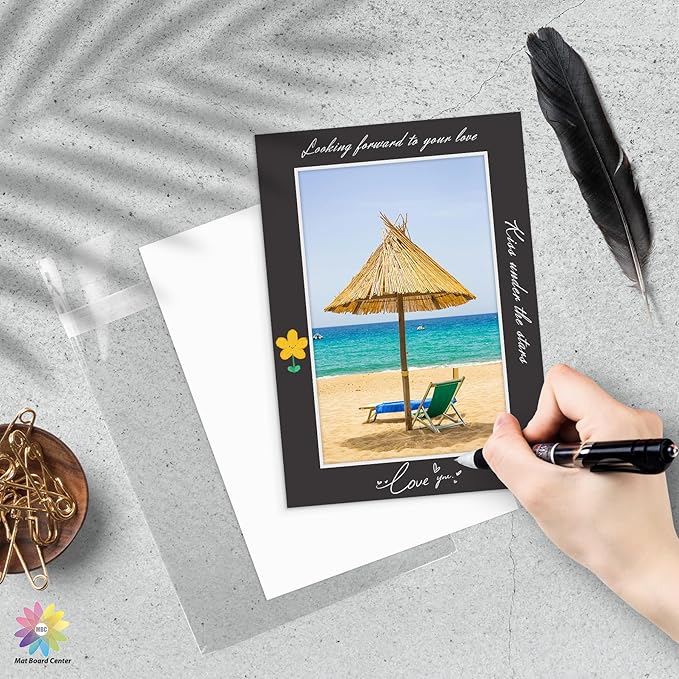 Mat Board Center, Pack of 25, 5x7 for 4x6 Black Mat Kit - Acid Free, 4-ply Thickness, White Core - Includes Backing Boards and Clear Bags - for Pictures, Photos, Framing