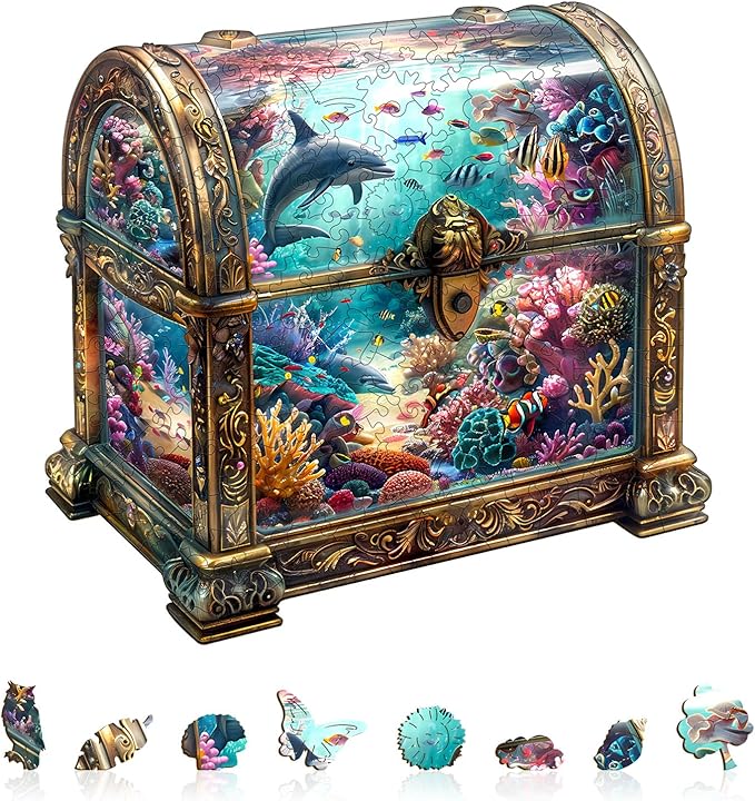 Wooden Puzzles for Adults, Treasure Chest Ocean Wooden Jigsaw Puzzle Unique Shape Animal Wood Puzzles Adult 3D Visual Effect, Birthday Gifts for Puzzle Lovers Family Games (M-11.4 * 11in-190pcs)