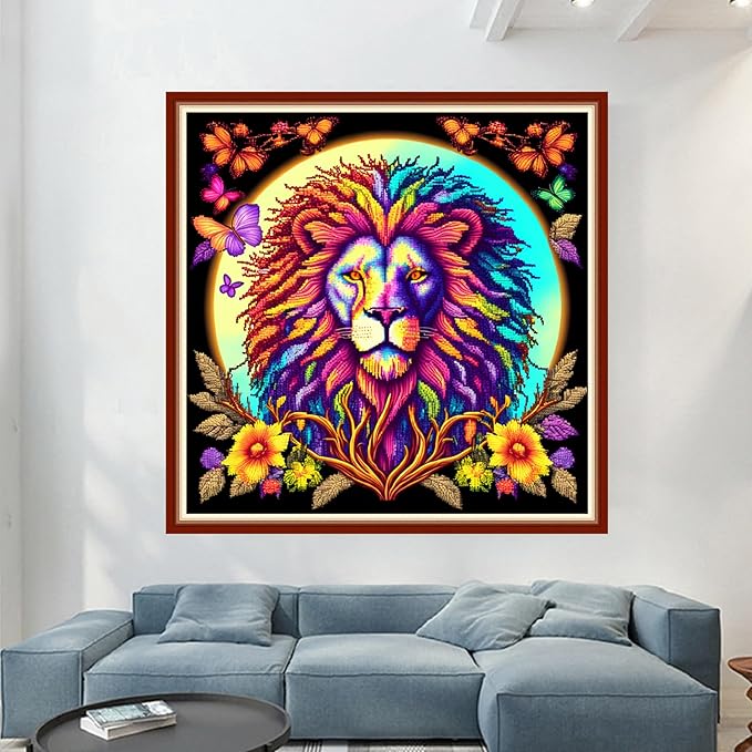 Dimensean Stamped Cross Stitch Kits Full Range of Embroidery Patterns Starter Kits for Beginners Adult or Kids DIY Cross Stitches Needlepoint Kits 11CT-Colorful Lion 17.7x17.7 inch