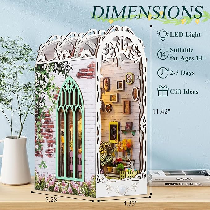 TuKIIE DIY Book Nook Miniature Kit, Booknook Dollhouse Bookshelf Insert with Sensor Light & Dust Proof, Wooden Decorative Bookend Stand Model Kits for Kids Teens Adults(Flower House)